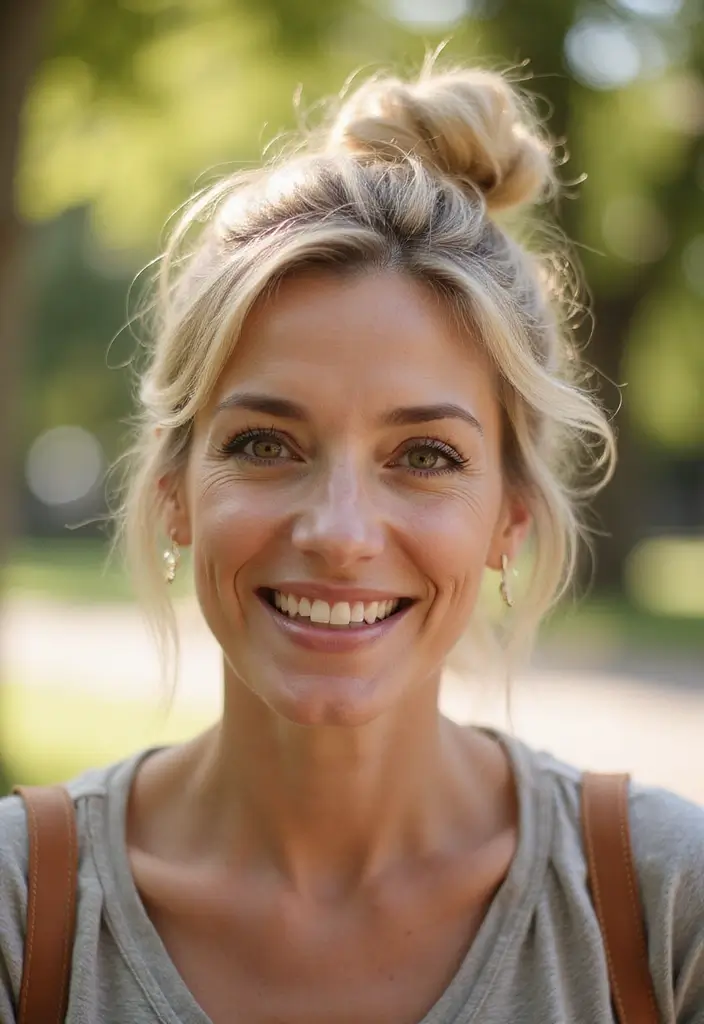 35 Wash and Wear Haircuts for Over 60 That Are Easy - 16. Messy Bun for Short Hair