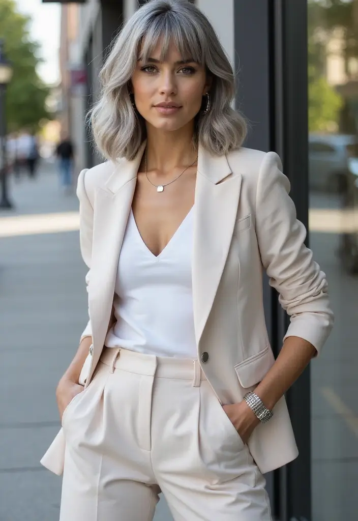 35 Youthful Gray Hairstyles for Over 50 That Inspire - 10. Wavy Gray Lob with Bangs