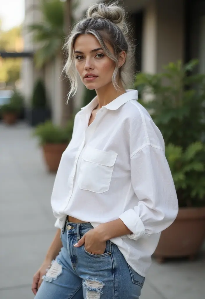 35 Youthful Gray Hairstyles for Over 50 That Inspire - 11. Messy Bun with Gray Highlights