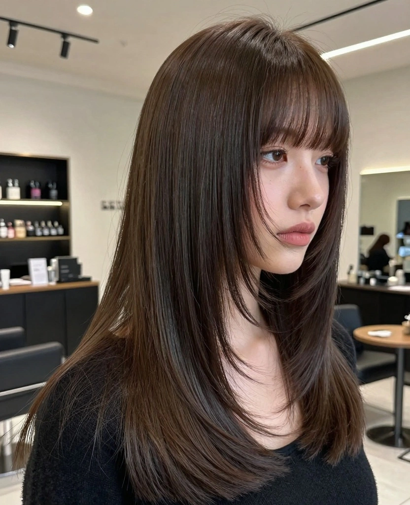 14 Haircuts for Long Hair Oval Face (Indian Style Inspiration) - 13. Long Straight Hair with Layered Bangs 1