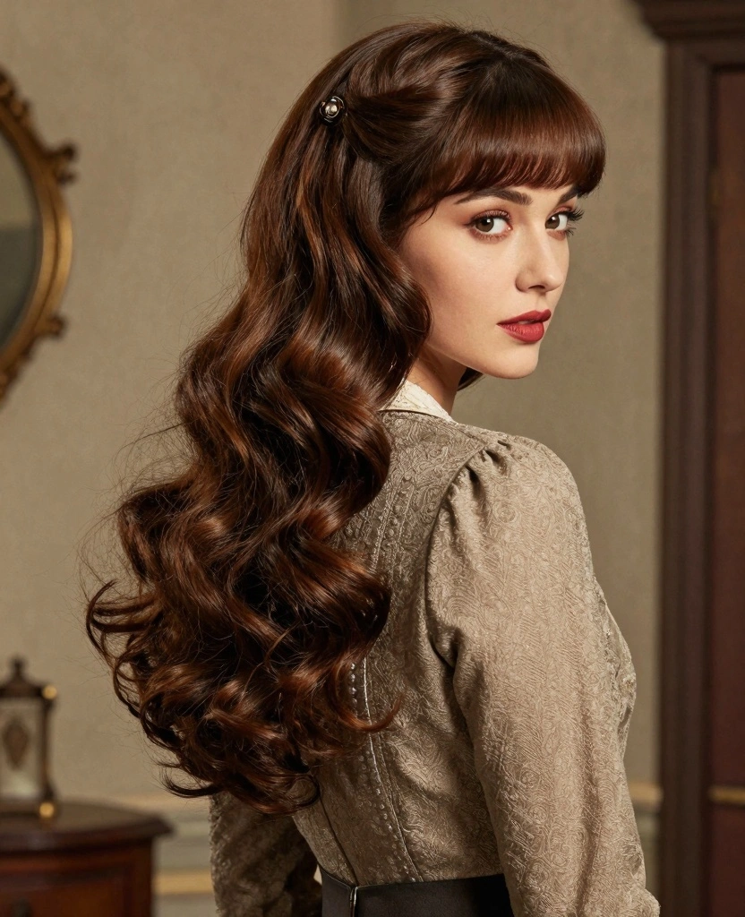 17 Face Framing Haircuts for Long Hair With Bangs - 14. Vintage-Inspired Bangs with Long Hair 1