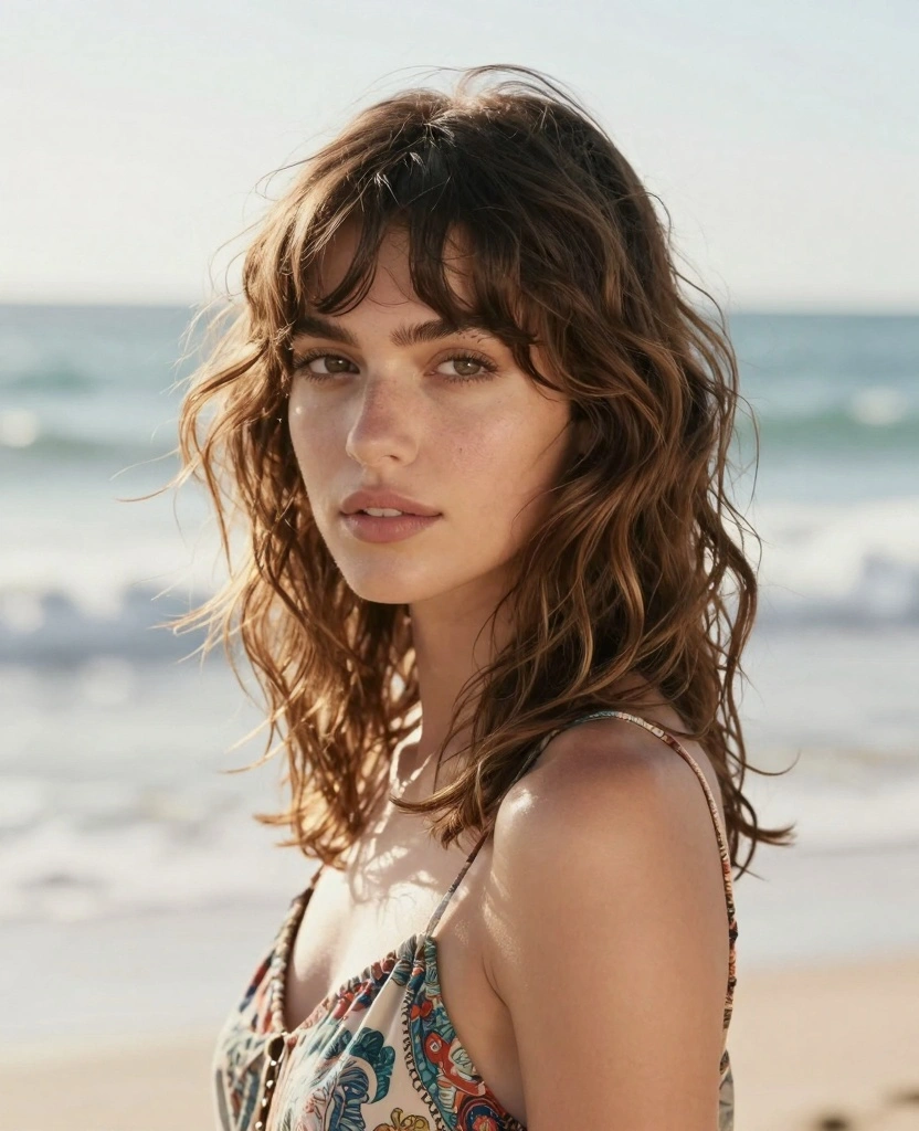 17 Face Framing Haircuts for Long Hair With Bangs - 4. Layered Beach Waves with Side-Swept Bangs 1