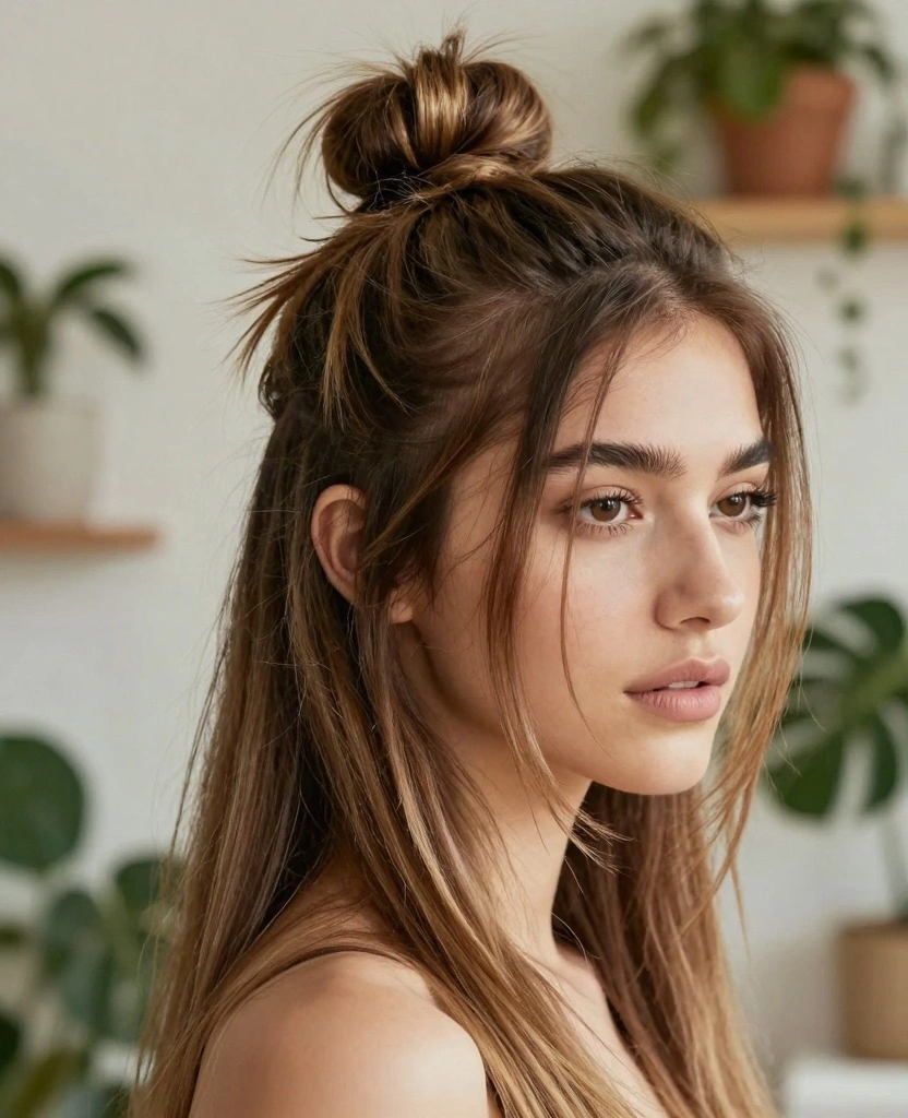 18 Easy & Simple Haircuts for Long Straight Hair - 13. Messy Bun 1