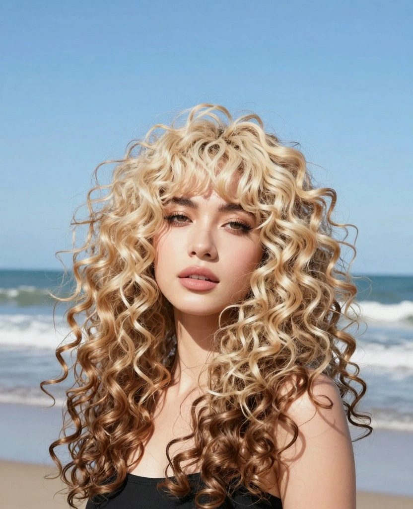 18 Front Haircut Styles for Long Hair Round Face - 11. Long Hair with Curly Bangs 1