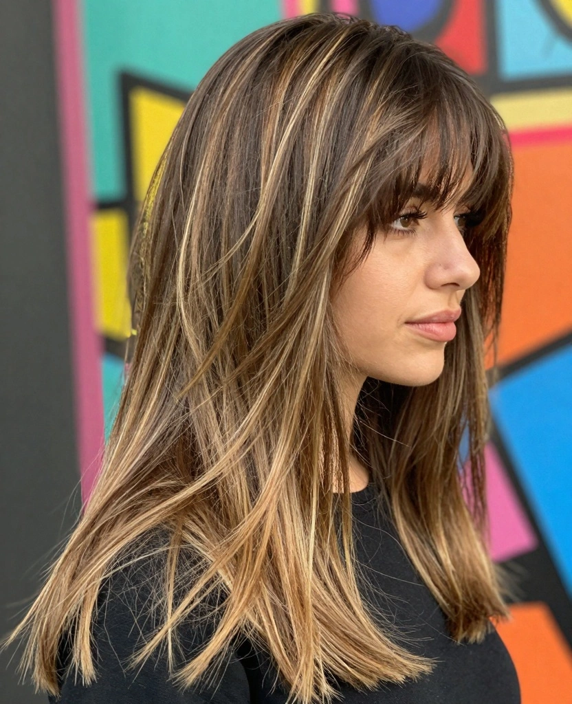 18 Front Haircut Styles for Long Hair Round Face - 15. Layered Cut with Bangs and Highlights 1