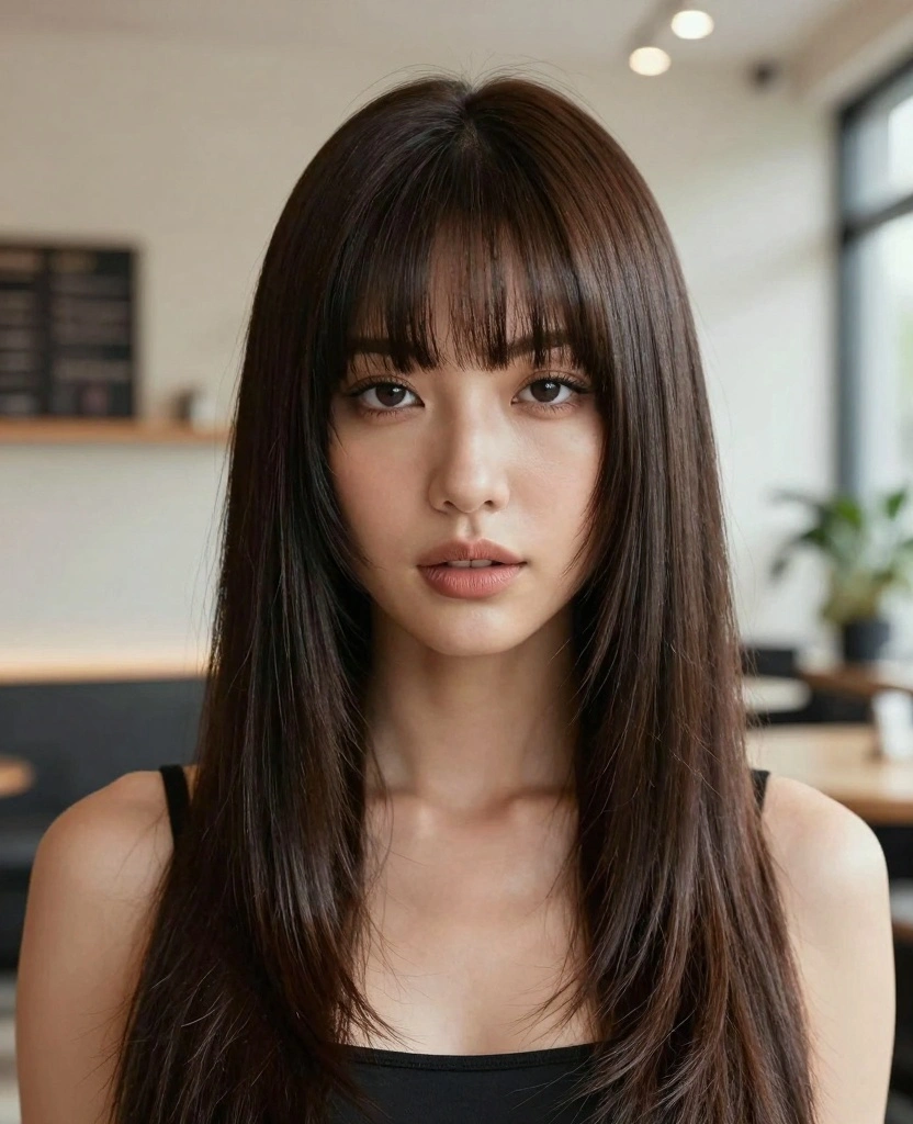 18 Front Haircut Styles for Long Hair Round Face - 16. Voluminous Bangs with Straight Hair 1