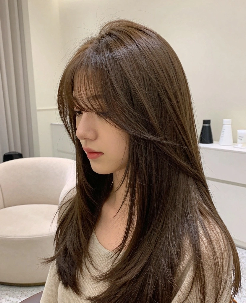 19 Best Haircut Ideas for Long Hair Round Face - 7. Long Layered Bangs 1