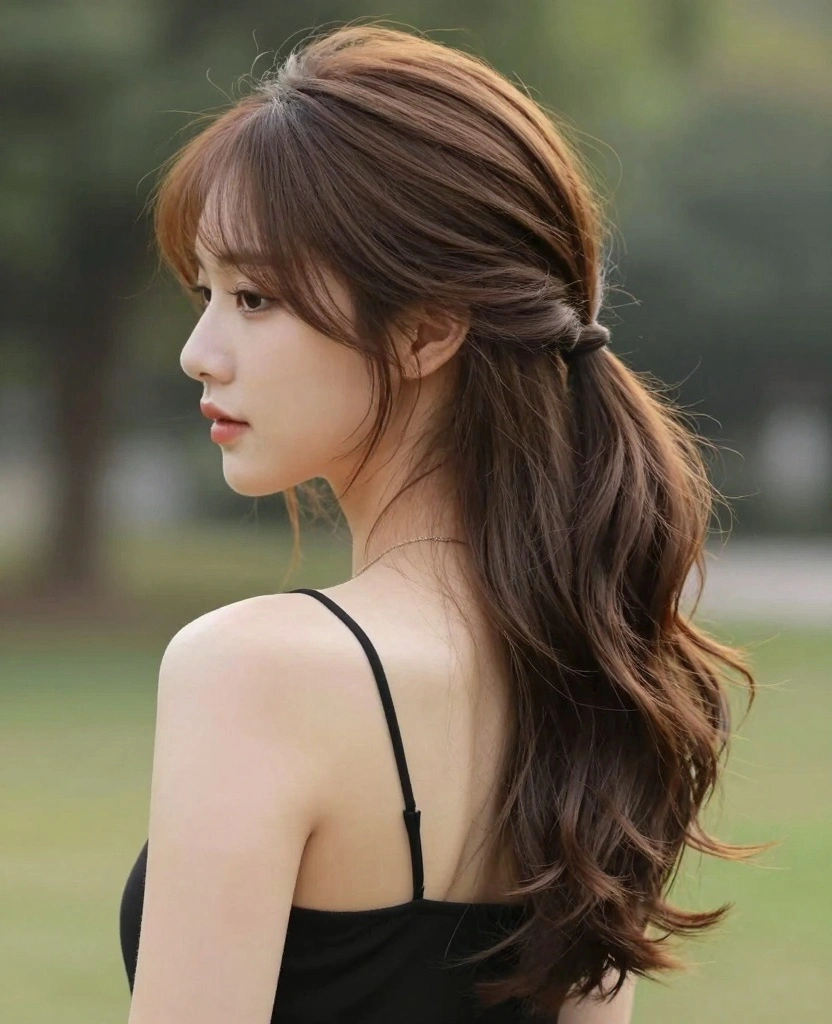 19 Best Haircut Ideas for Long Hair Round Face - 9. Layered Ponytail 1