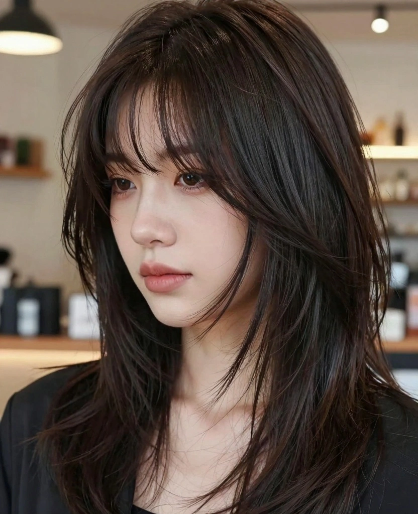 19 Layer Haircuts for Long Hair Round Face You’ll Love - 14. Long Layers with Textured Bangs 1