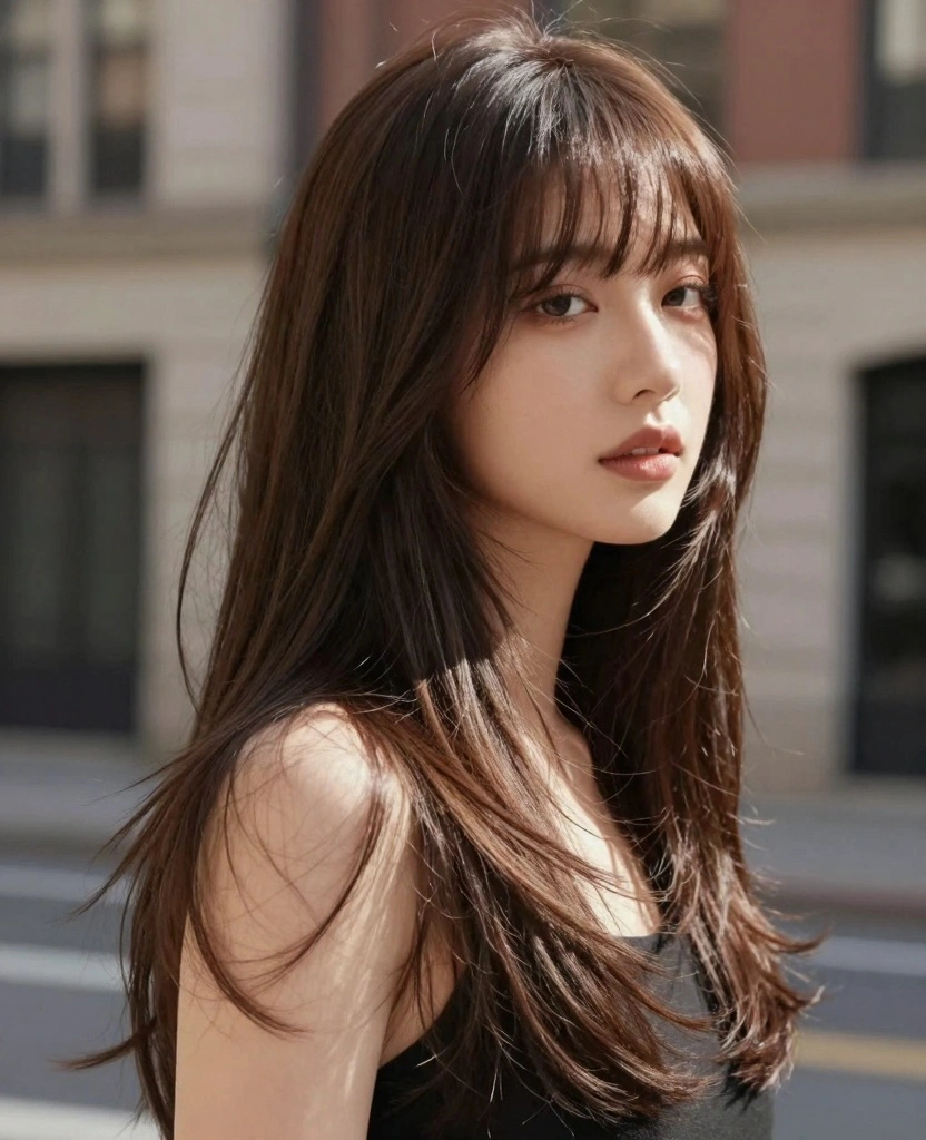 19 Layer Haircuts for Long Hair Round Face You’ll Love - 2. Curtain Bangs with Long Layers 1