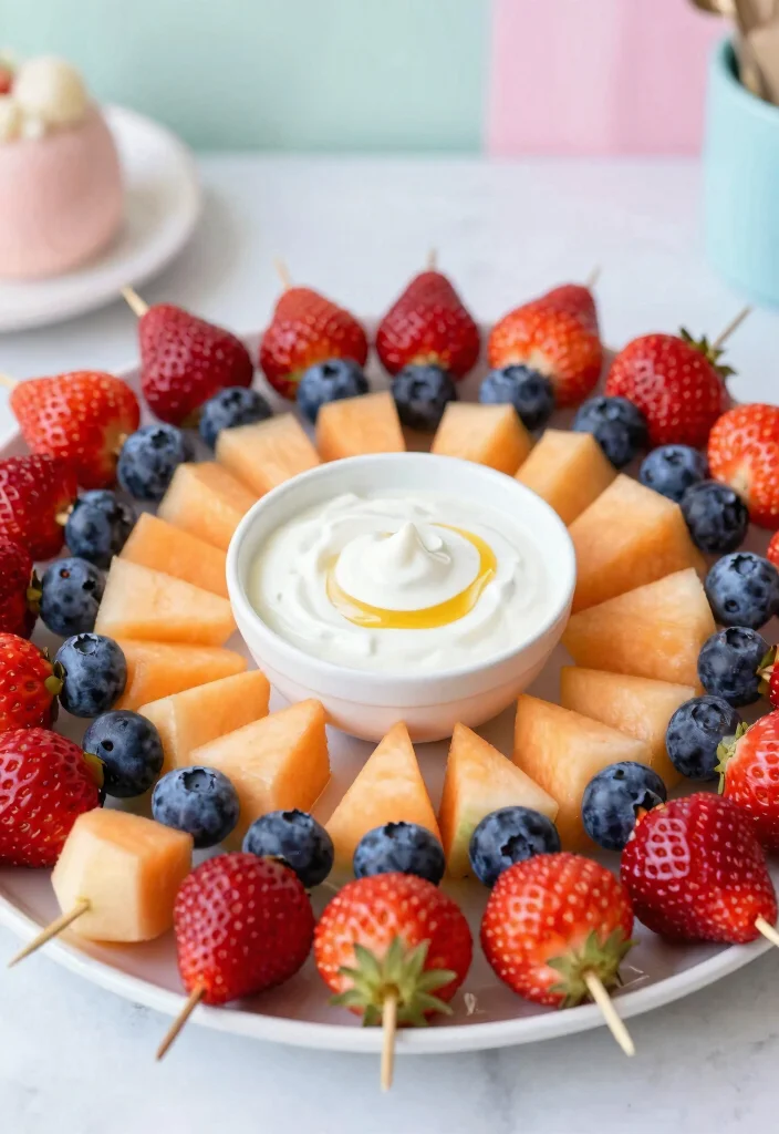 16 Brunch Baby Shower Food Ideas That Are Easy and Elegant - 2. Fruit Skewers with a Honey Yogurt Dip 1