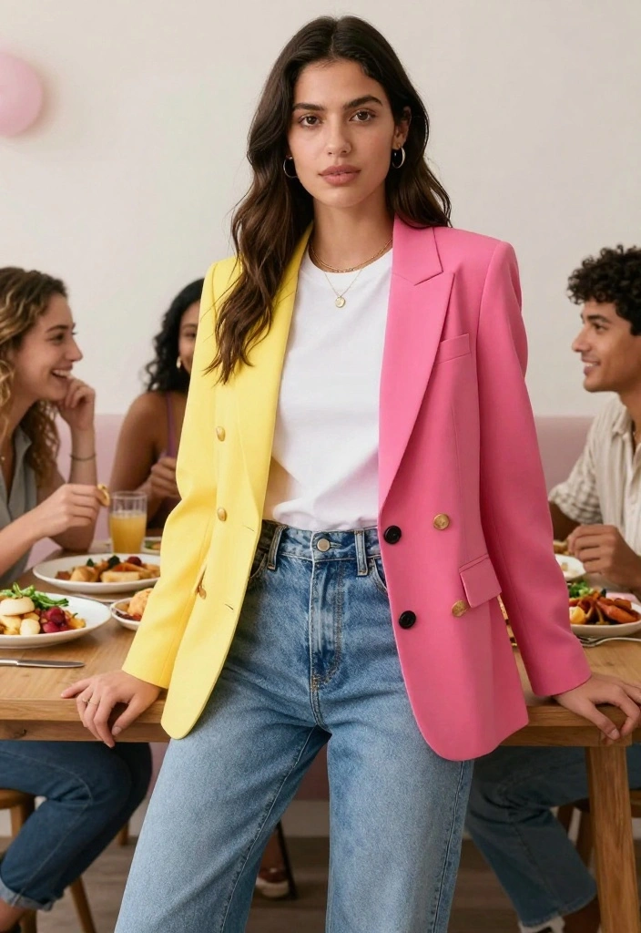 16 Casual Brunch Outfit Ideas That Still Look Put-Together - 13. Brightly Colored Blazer Over Casual Wear 1
