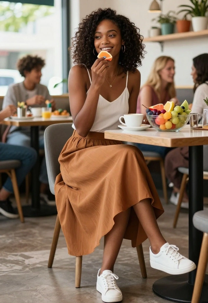 16 Casual Brunch Outfit Ideas That Still Look Put-Together - 8. Cute Skirts and Sneakers Combo 1