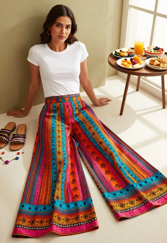 17 Birthday Brunch Outfit Ideas for Any Celebration - 11. Vibrant Palazzos & Fitted Tee 1