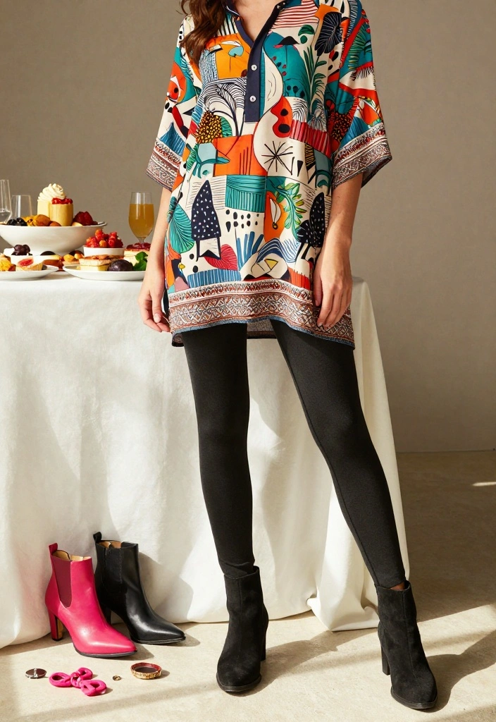 17 Birthday Brunch Outfit Ideas for Any Celebration - 12. Funky Printed Tunic with Leggings 1