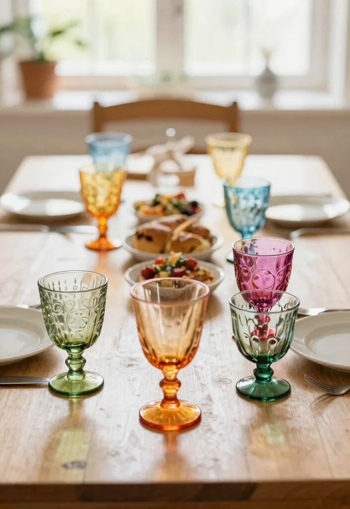18 Brunch Table Decoration Ideas for a Picture-Perfect Setup - 11. Colorful Glassware 1