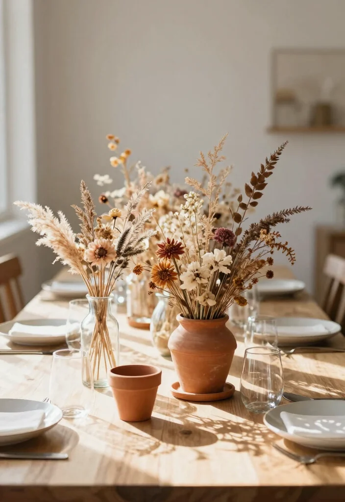 18 Brunch Table Decoration Ideas for a Picture-Perfect Setup - 6. Dried Flower Arrangements 1