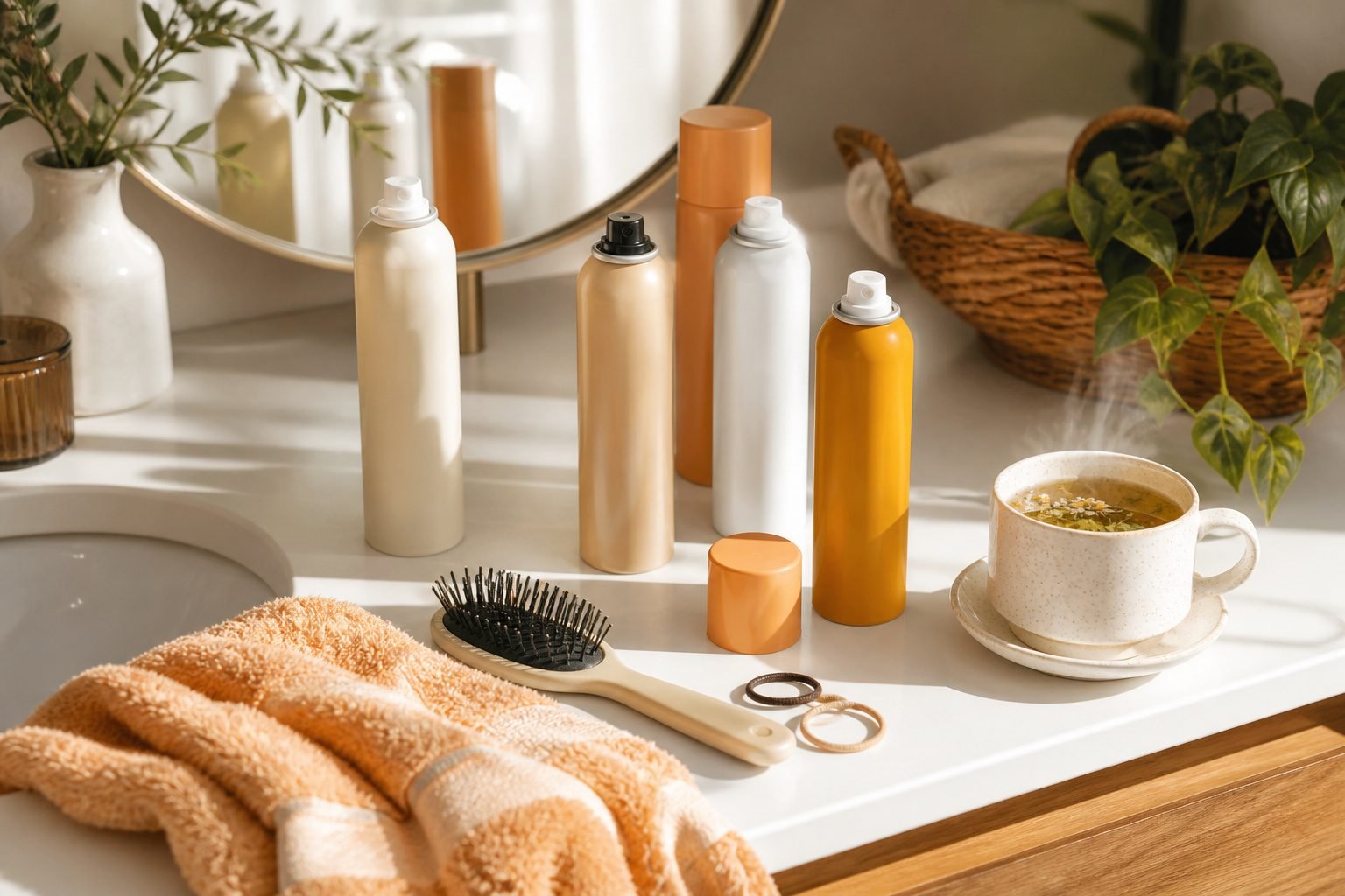 Bright bathroom counter with a small mirror and dry shampoo products