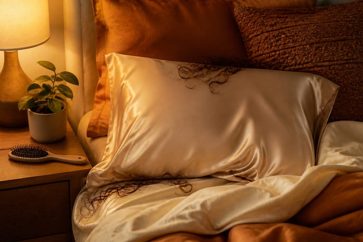 Cozy bedroom corner with warm lighting and a silk pillowcase on the bed.